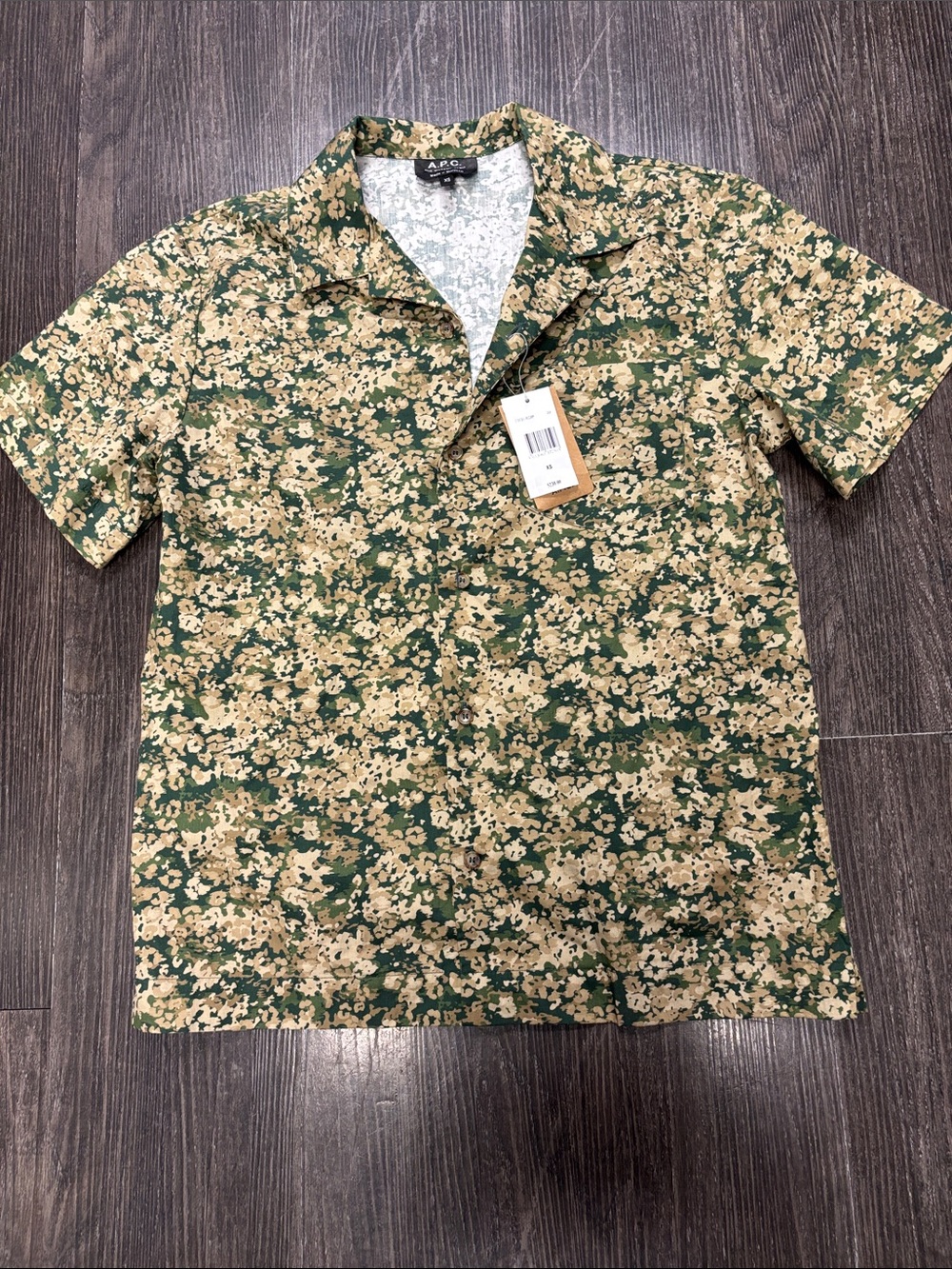 A.P.C. Green and Tan Floral Short-Sleeve Button-Down Shirt Size XS